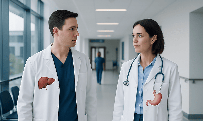 Doctors discussing liver and stomach health in hospital corridor.