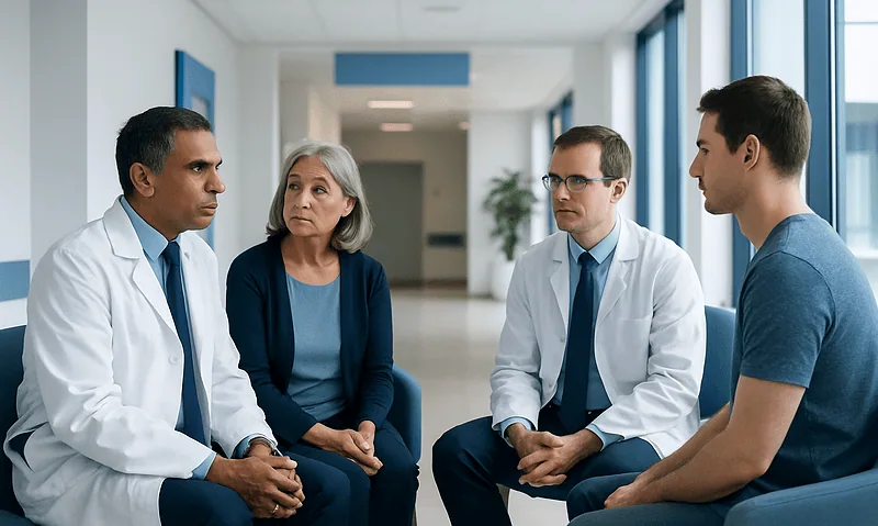 Medical consultation with neurologists and patient in hospital corridor.