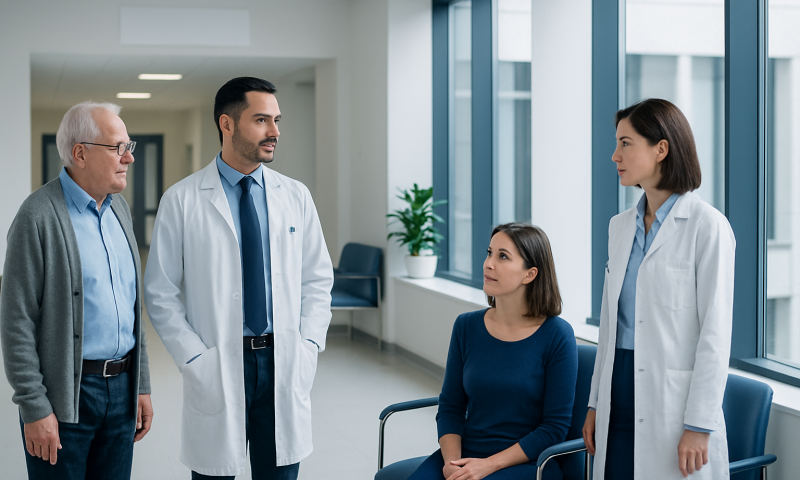 Medical team consulting with a patient in a hospital corridor.