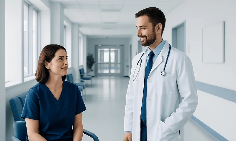 Health Library 6 Doctor talking to a nurse in a hospital corridor.