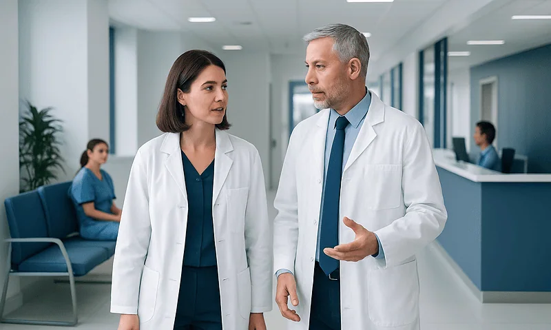 Medical professionals discussing patient care in hospital corridor.