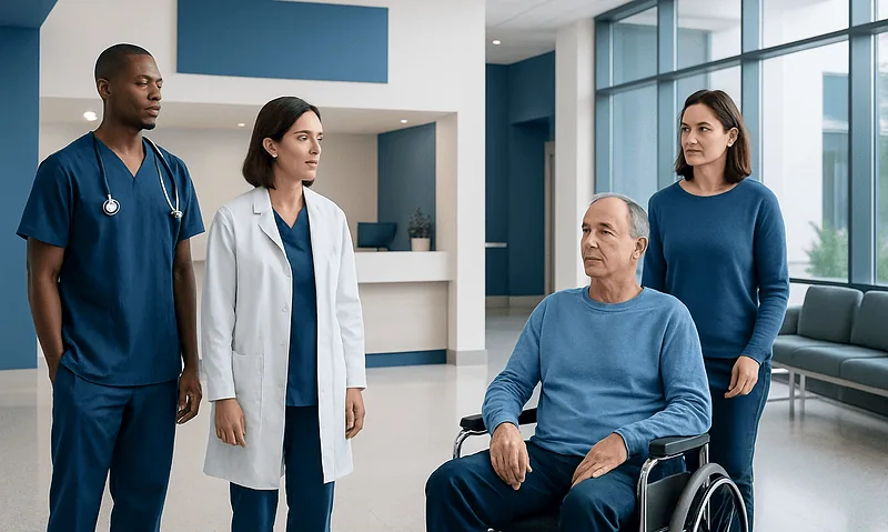 Medical team consulting with a patient in a hospital corridor.