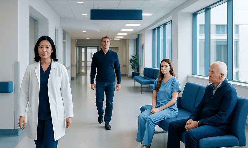 Medical professionals and patients in a modern hospital corridor.