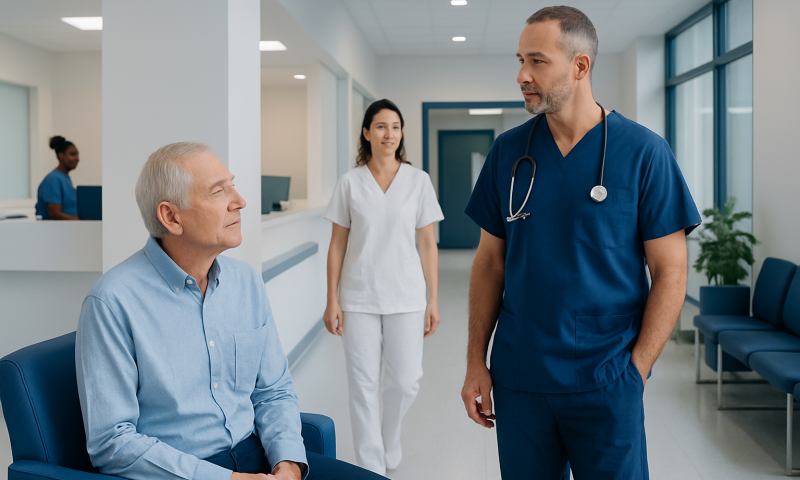 Doctor consulting with elderly patient in hospital corridor.