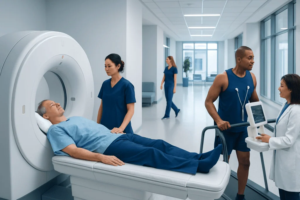 Nuclear Stress Test vs Stress Echocardiogram: Which Heart Test May Be Better? 1 Patient undergoing a CT scan in a modern hospital corridor.