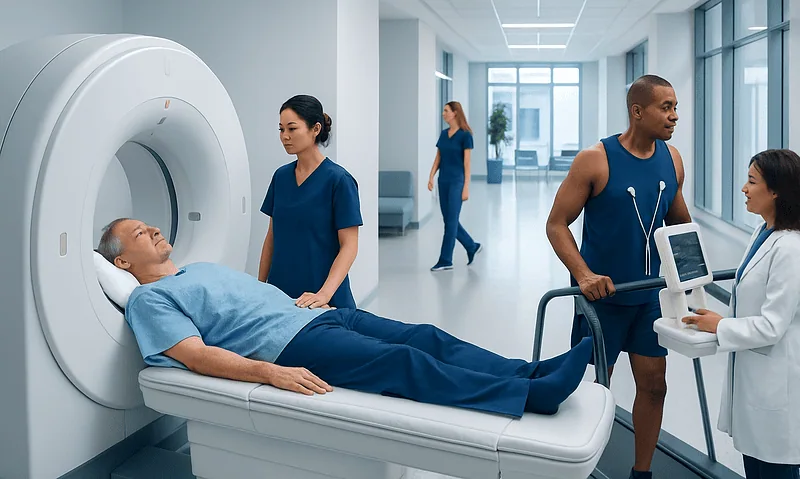 Patient undergoing a CT scan in a modern hospital corridor.