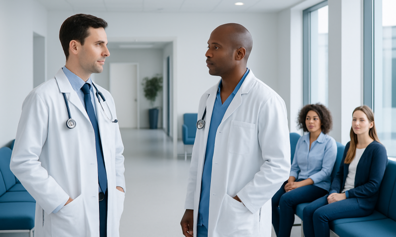 MRI-Guided Prostate Biopsy vs Standard Biopsy: What Is the Difference? 7 Doctors discussing in hospital corridor with patients in background.