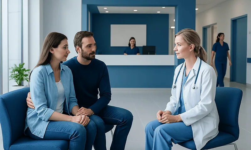 Fertility consultation at Acibadem Hospital in Turkey with doctor and couple.