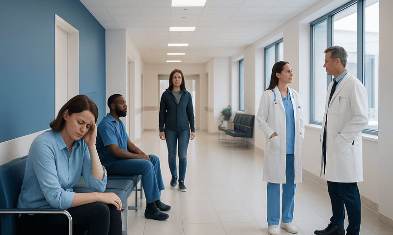 Patients waiting in hospital corridor with medical staff nearby.