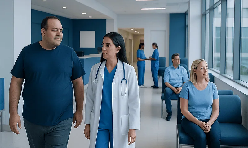 Patients and doctor in a modern hospital corridor with large windows.