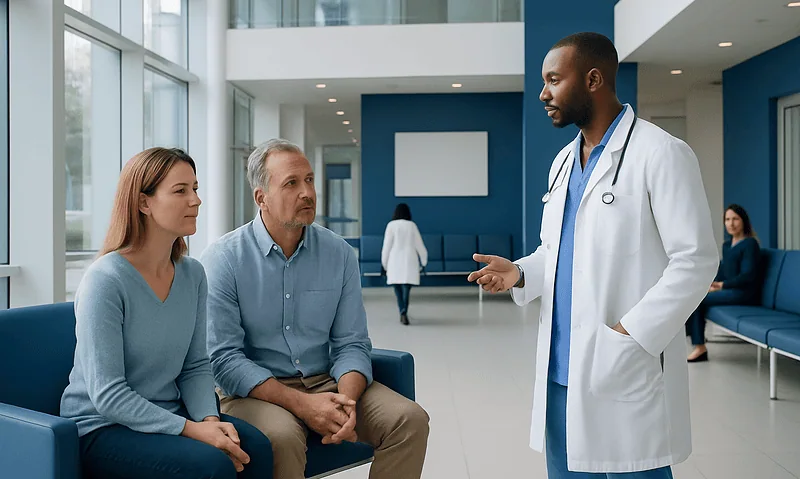 Doctor consulting with a patient and companion in a modern hospital lobby.