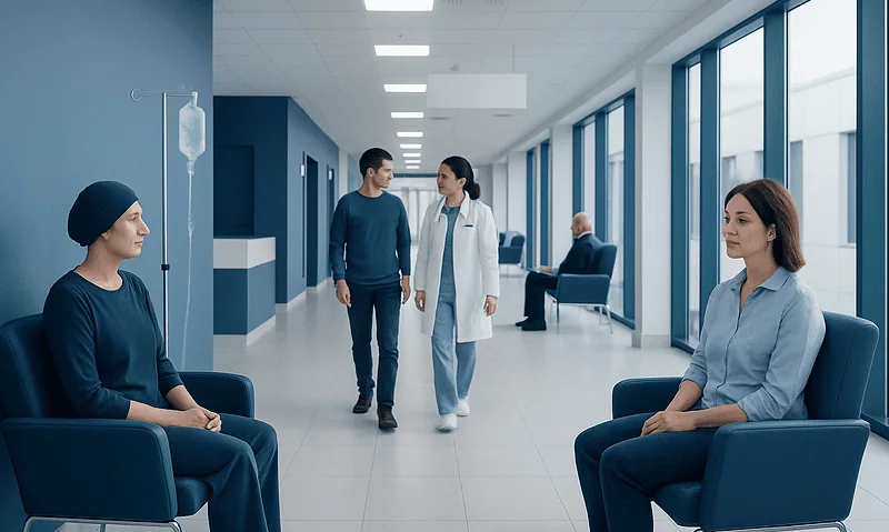 Cancer Treatment in Turkey vs Abroad: What International Patients Should Compare 17 Patients waiting in a modern hospital corridor with medical staff nearby.