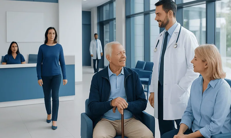 Doctor consulting elderly patient in hospital lobby with family members present.