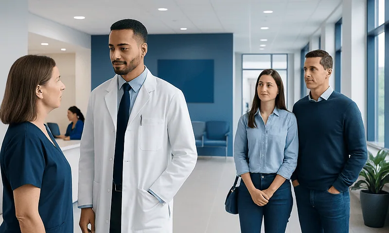 LASIK Vision Institute Alternatives: Choosing a Surgeon 4 Doctor consulting with female patient in modern hospital corridor.