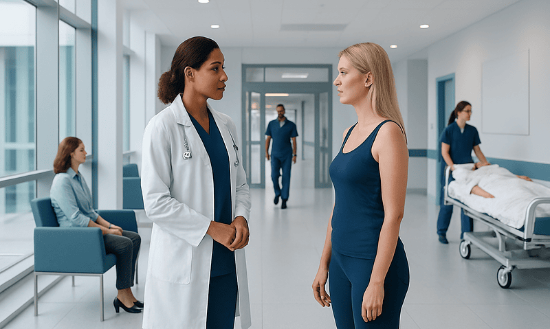 Medical consultation in hospital corridor with healthcare professionals and patient.