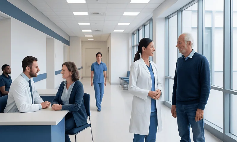 Healthcare professionals discussing patient care in a modern hospital corridor.