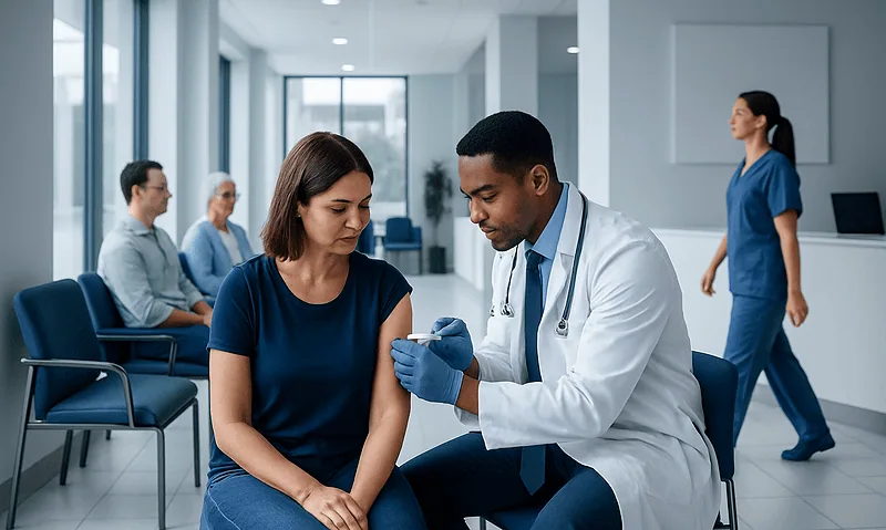 Doctor administering vaccine to a woman in a medical clinic.