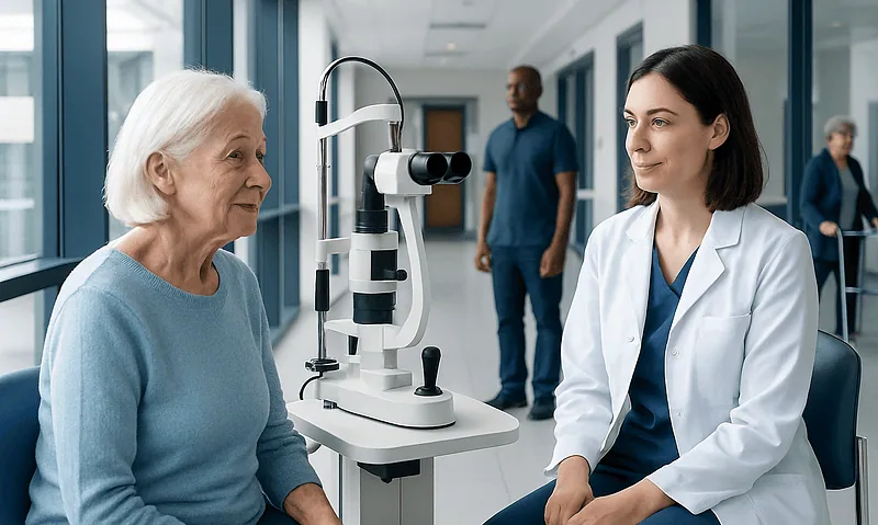 Elderly woman undergoing eye examination at Acibadem Hospital.