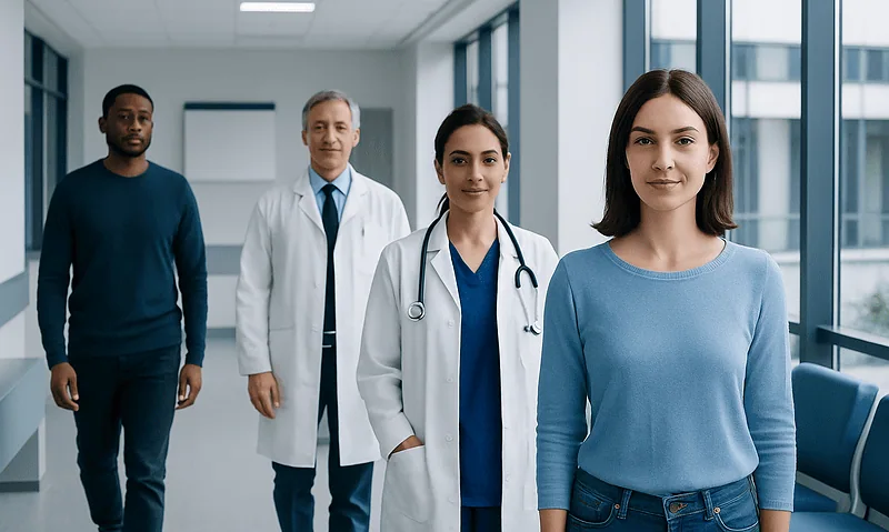 Diverse medical team with young woman patient in hospital corridor.