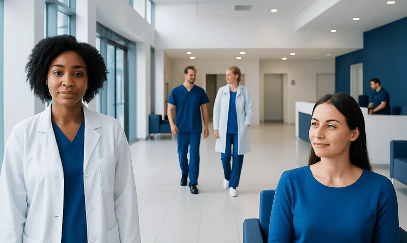 Diverse medical team in modern hospital corridor with patient.