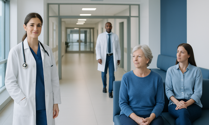 Healthcare professionals and patient in a hospital corridor.