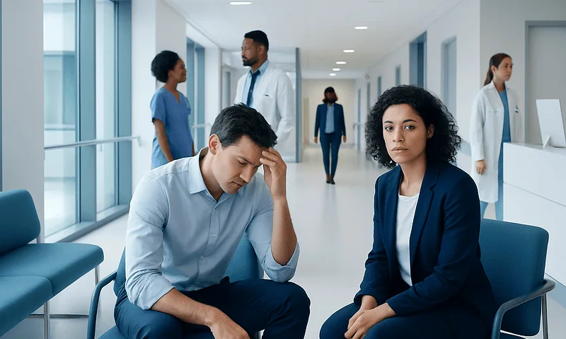 Young man appears stressed in a hospital waiting area with medical staff nearby.