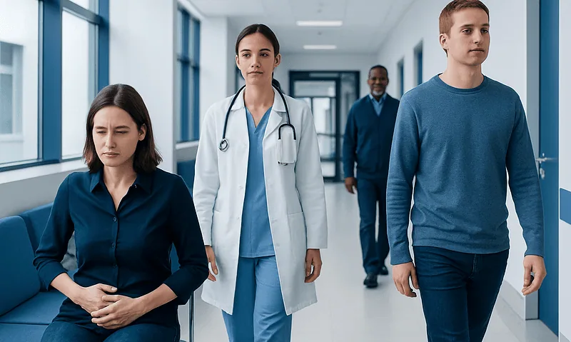 Medical professionals and patient in hospital corridor.
