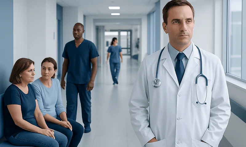 Medical team waiting in hospital corridor with doctor in foreground.