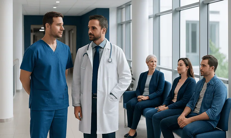 Doctors discussing patient care in a hospital corridor with waiting patients.