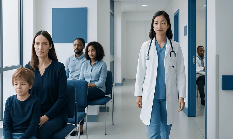 Medical team and patients in a hospital corridor at Acibadem Hospitals Group.
