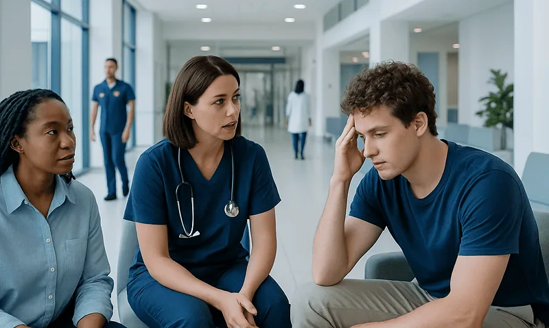 Medical consultation with a young man in a hospital corridor.