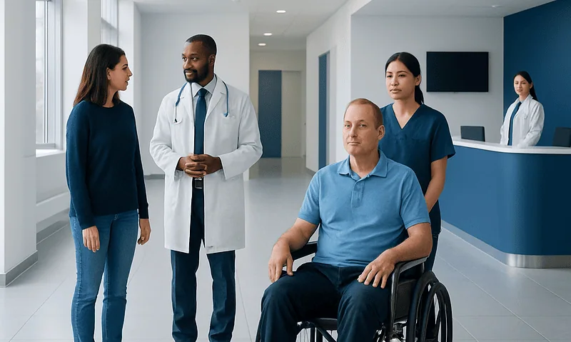 Medical team consulting with a patient in a hospital corridor.