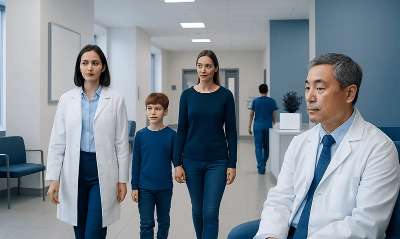 Medical consultation with a family at a hospital corridor.