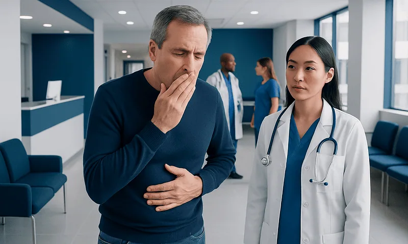 Burping and Cancer: When Digestive Symptoms Need Medical Attention 1 Man experiencing stomach discomfort in a hospital setting with medical staff nearby.