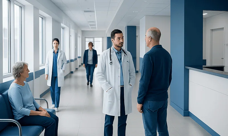 Doctors and patient in a hospital corridor discussing health concerns.