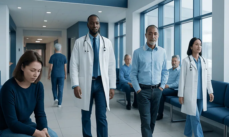 Diverse medical team in hospital corridor with patient and staff.