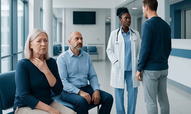 Is Difficulty Swallowing a Sign of Cancer? 3 Doctor consulting with elderly patients in hospital corridor.
