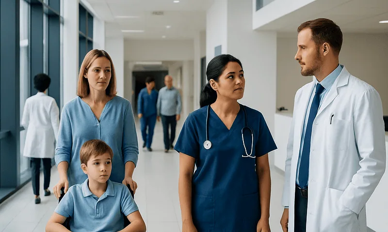 Medical team discussing patient care in hospital corridor.