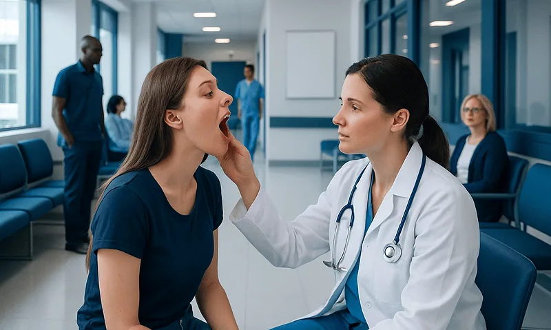 Doctor examines patient's throat in hospital setting.