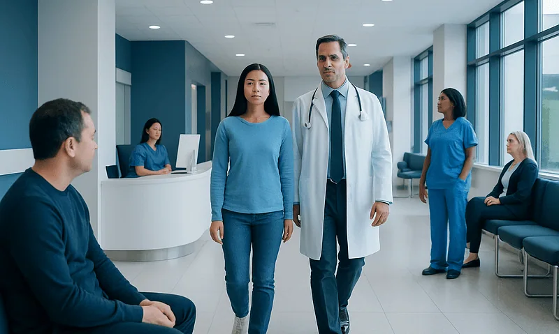 Doctor and patient in hospital corridor discussing lung health.