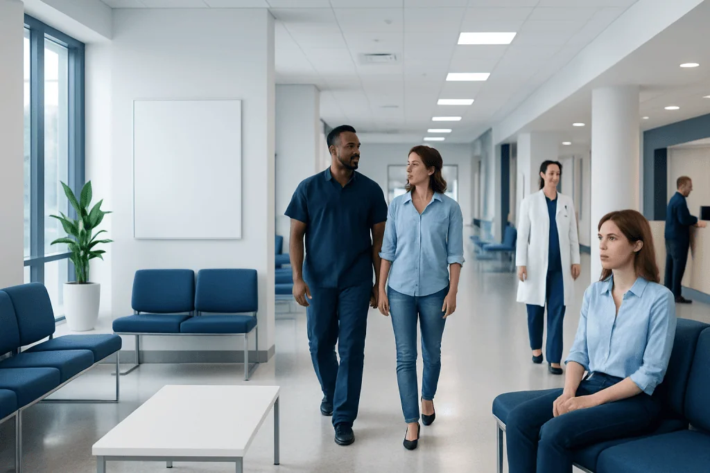 How Expensive Is LASIK? Cost Compared With Glasses 1 Patients and staff in a modern hospital waiting area.