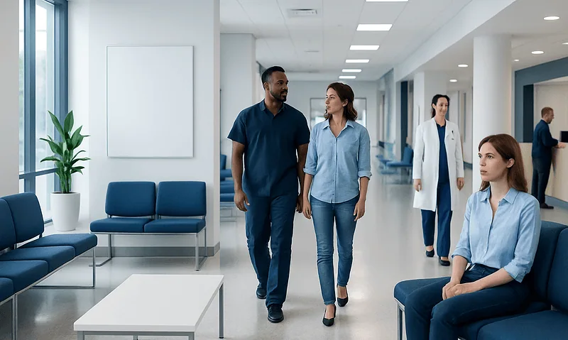 Patients and staff in a modern hospital waiting area.