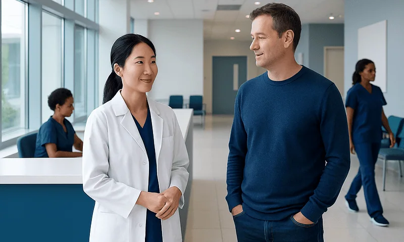 Patient consulting with doctor at Acibadem Hospital.
