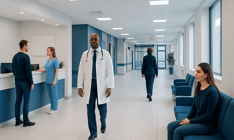Healthcare professionals and patients in a modern hospital corridor.