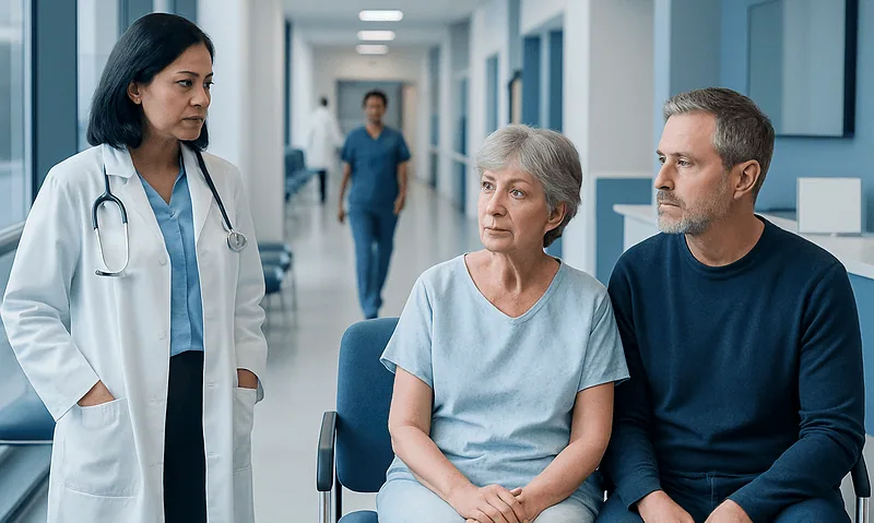 Is Low Potassium a Sign of Cancer? 11 Doctor consulting with elderly patient and her partner in hospital corridor.