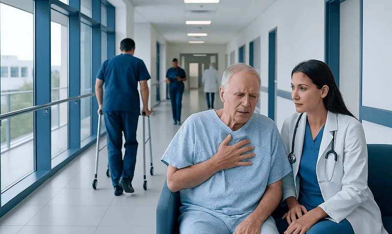 Patient experiencing shortness of breath with healthcare professional in hospital corridor.