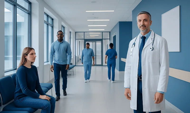 Doctor with patients in hospital corridor, healthcare setting.