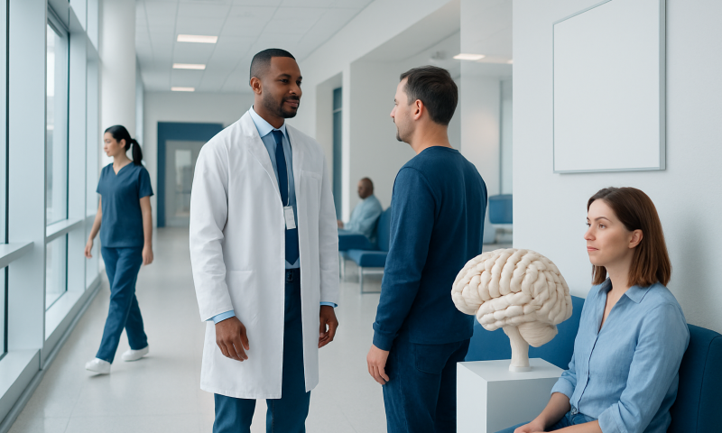 Is the Brain a Muscle? Common Brain Myths Explained 2 Doctor and patient having a discussion in a hospital corridor with a brain model nearby.