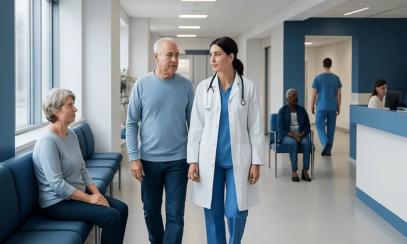 Is There a CAR-T Medication? How the Treatment Works 17 Doctor consulting with elderly patient in hospital corridor.