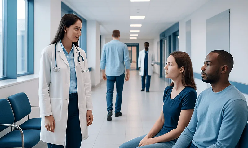 Doctor consulting with two patients in hospital corridor.